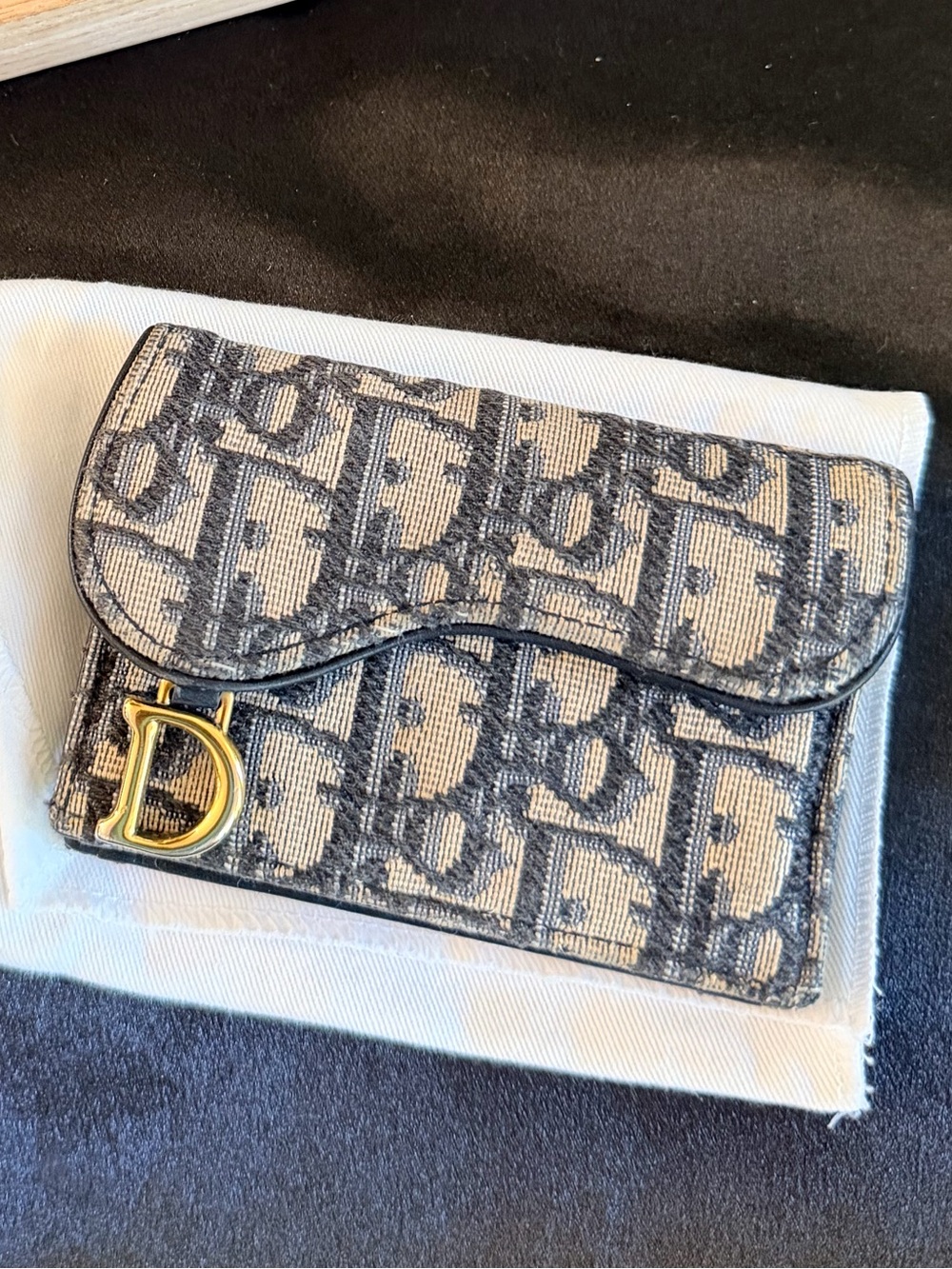 Dior Oblique Canvas Card Case in Beige and Gray with Gold 'D' Accent